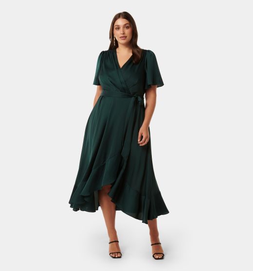 Sienna Curve Satin Wrap Ruffle Dress