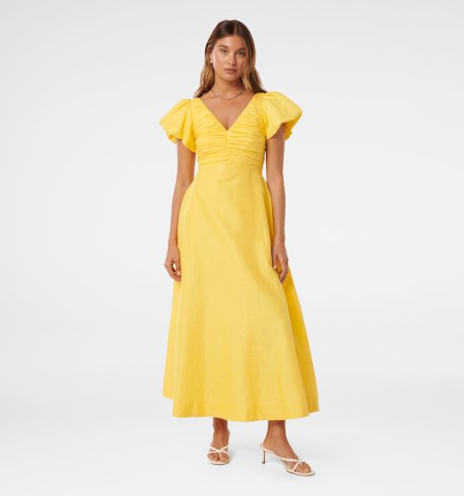 June Ruched Linen Midi Dress