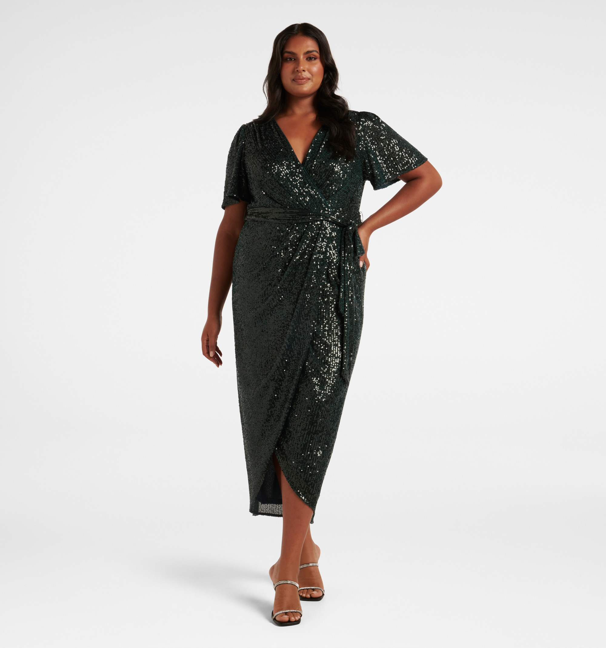 Buy Dark Green Sequin Dora Curve Sequin Wrap Midi Dress Online