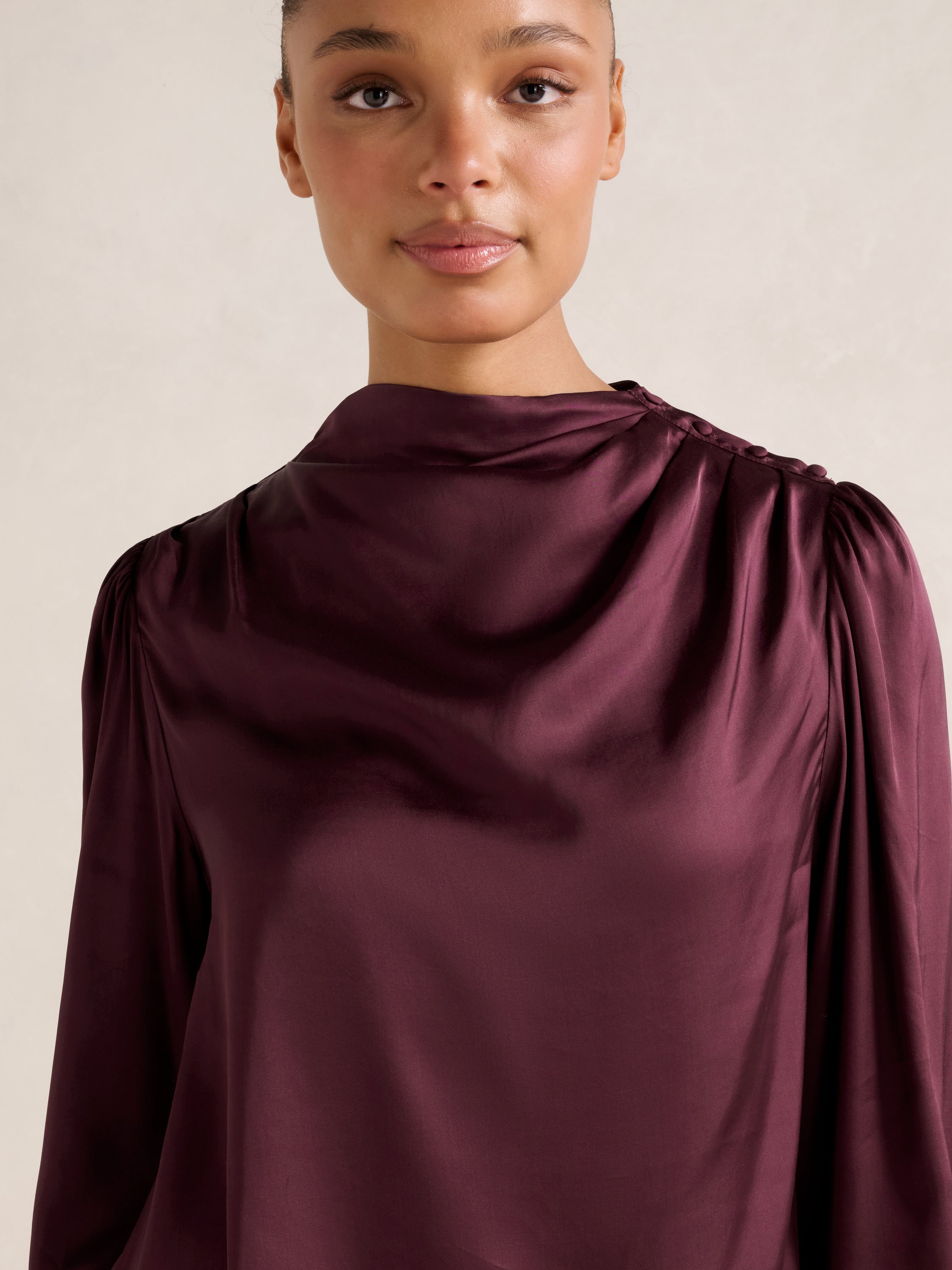 Nancy Drape Neck Button Blouse