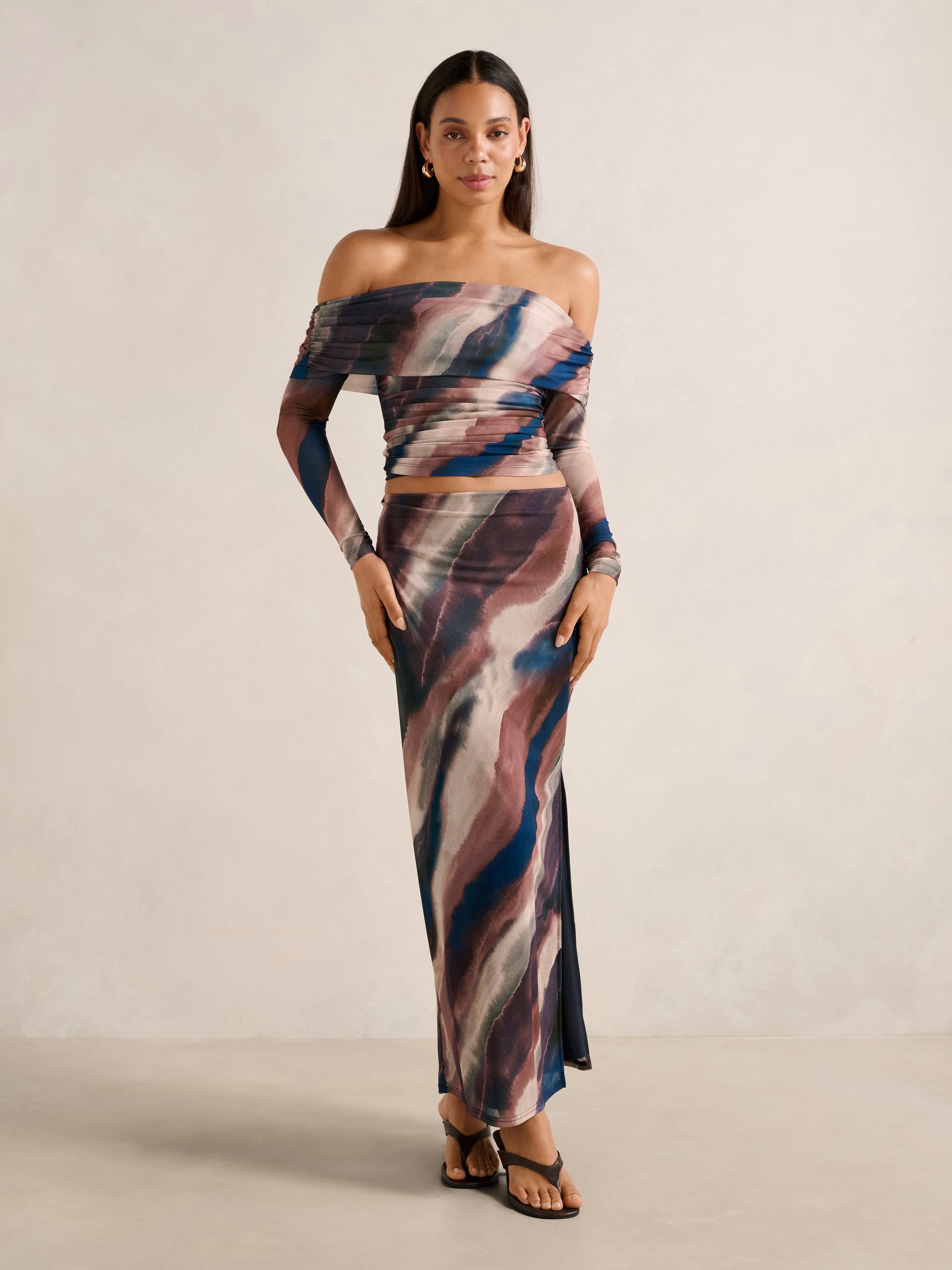 Kaia Ruched Mesh Bardot Top