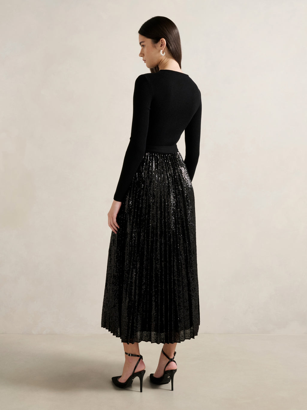 Lina Sequin Pleat Knit Midi Dress
