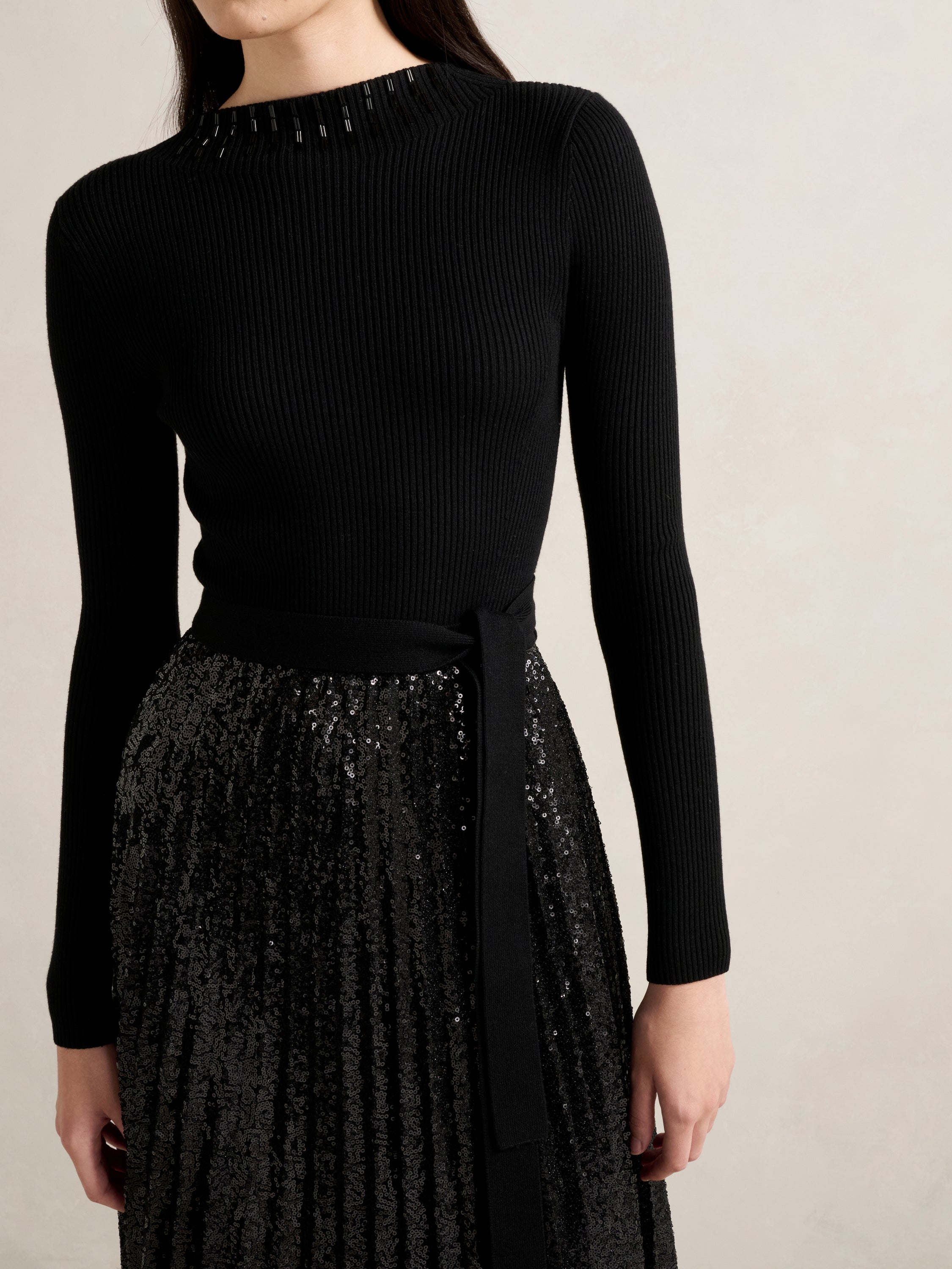 Lina Sequin Pleat Knit Midi Dress