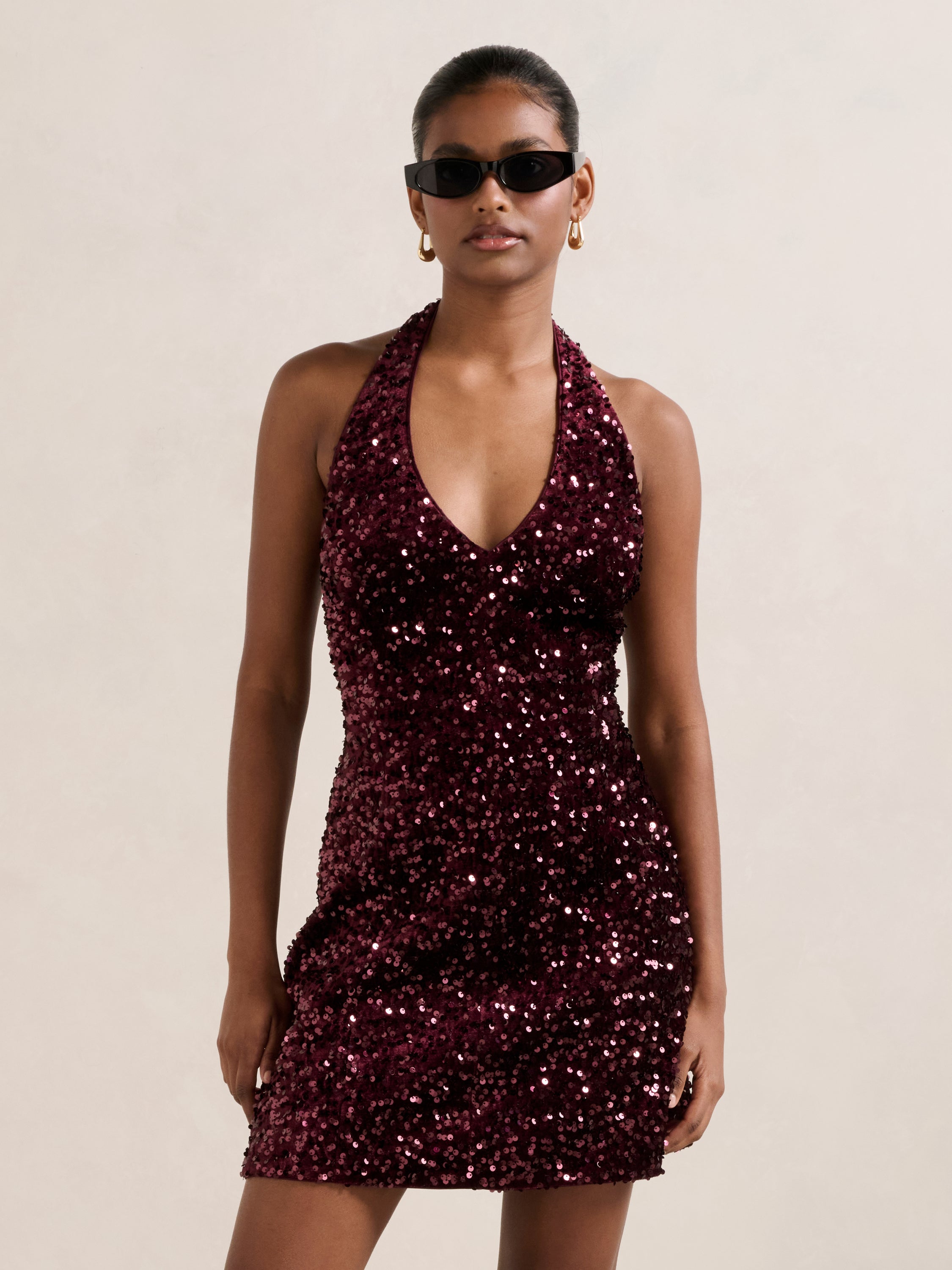 Riley Petite Sequin Halter Mini Dress
