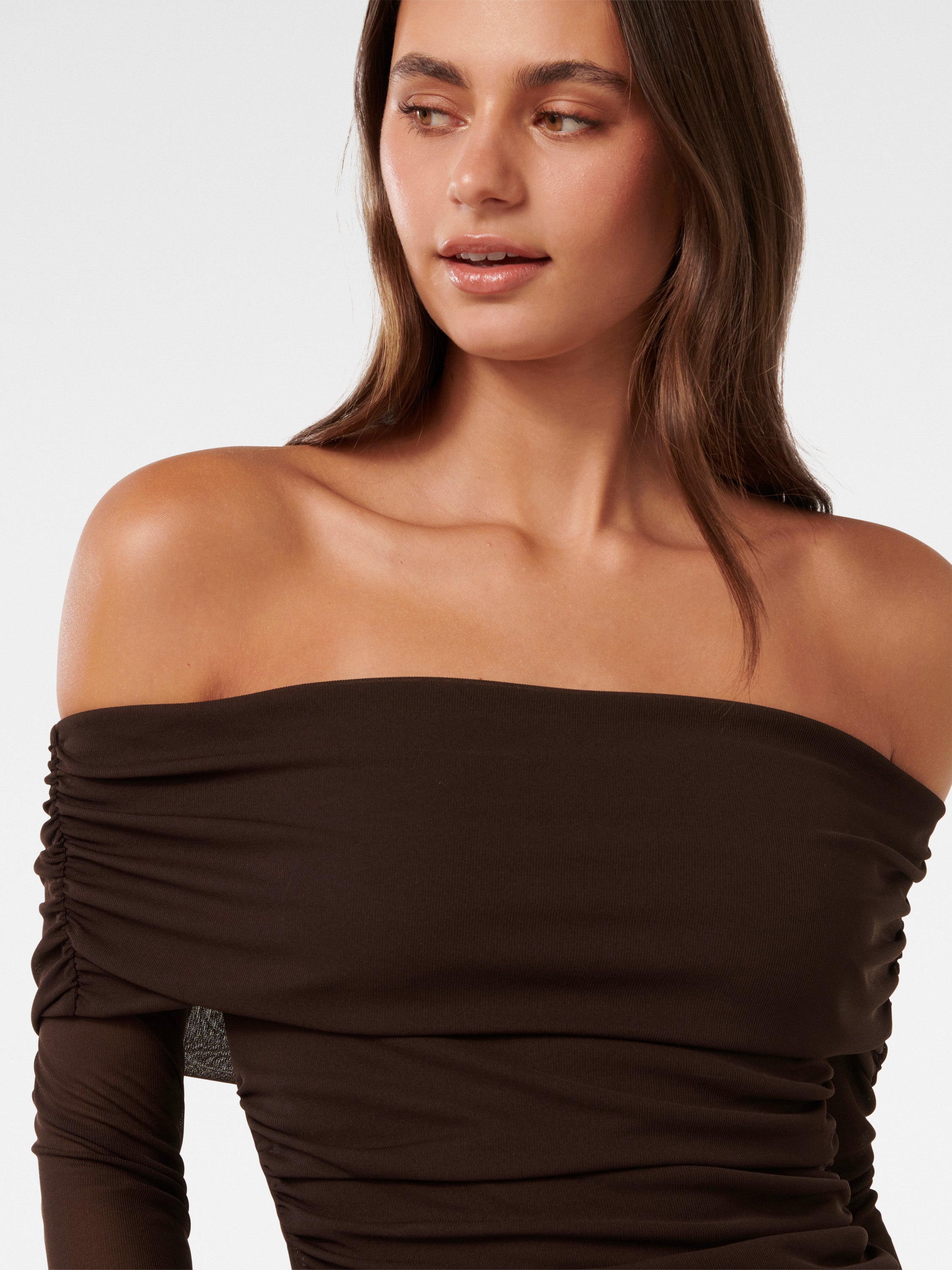 Kaia Ruched Mesh Bardot Top