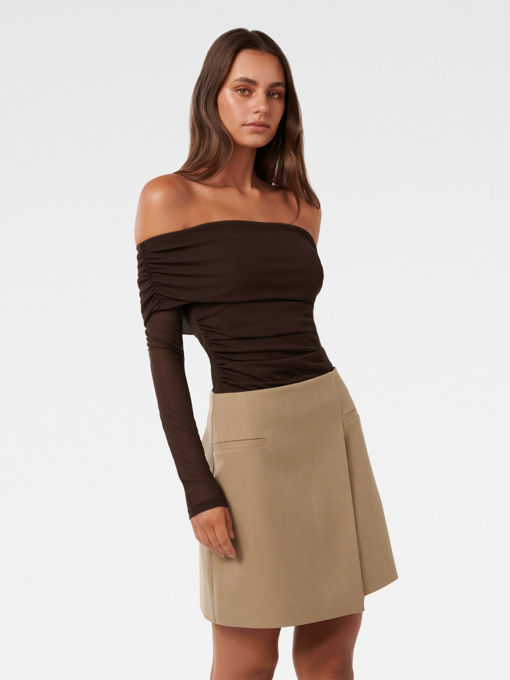 Kaia Ruched Mesh Bardot Top