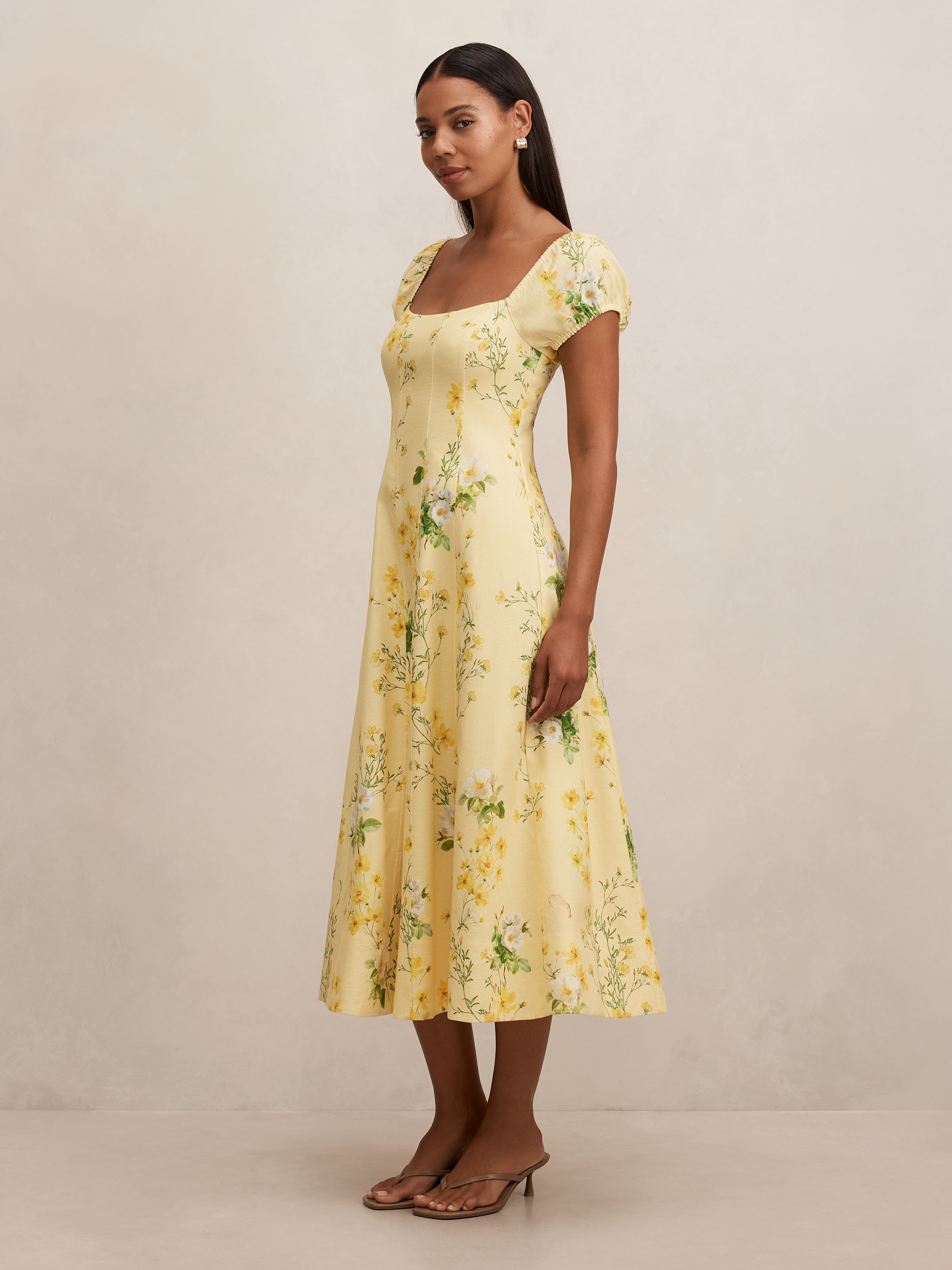 Sadie Cap Sleeve Linen Midi Dress