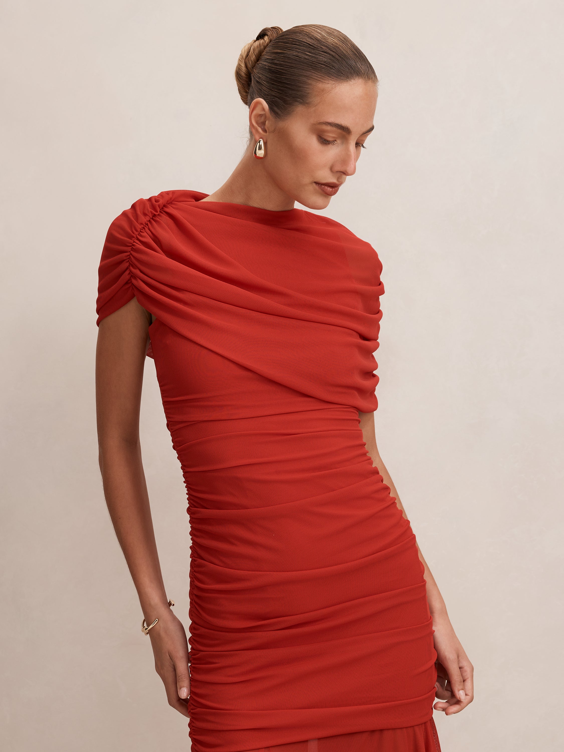 Elouise Asym Cape Mesh Maxi Dress