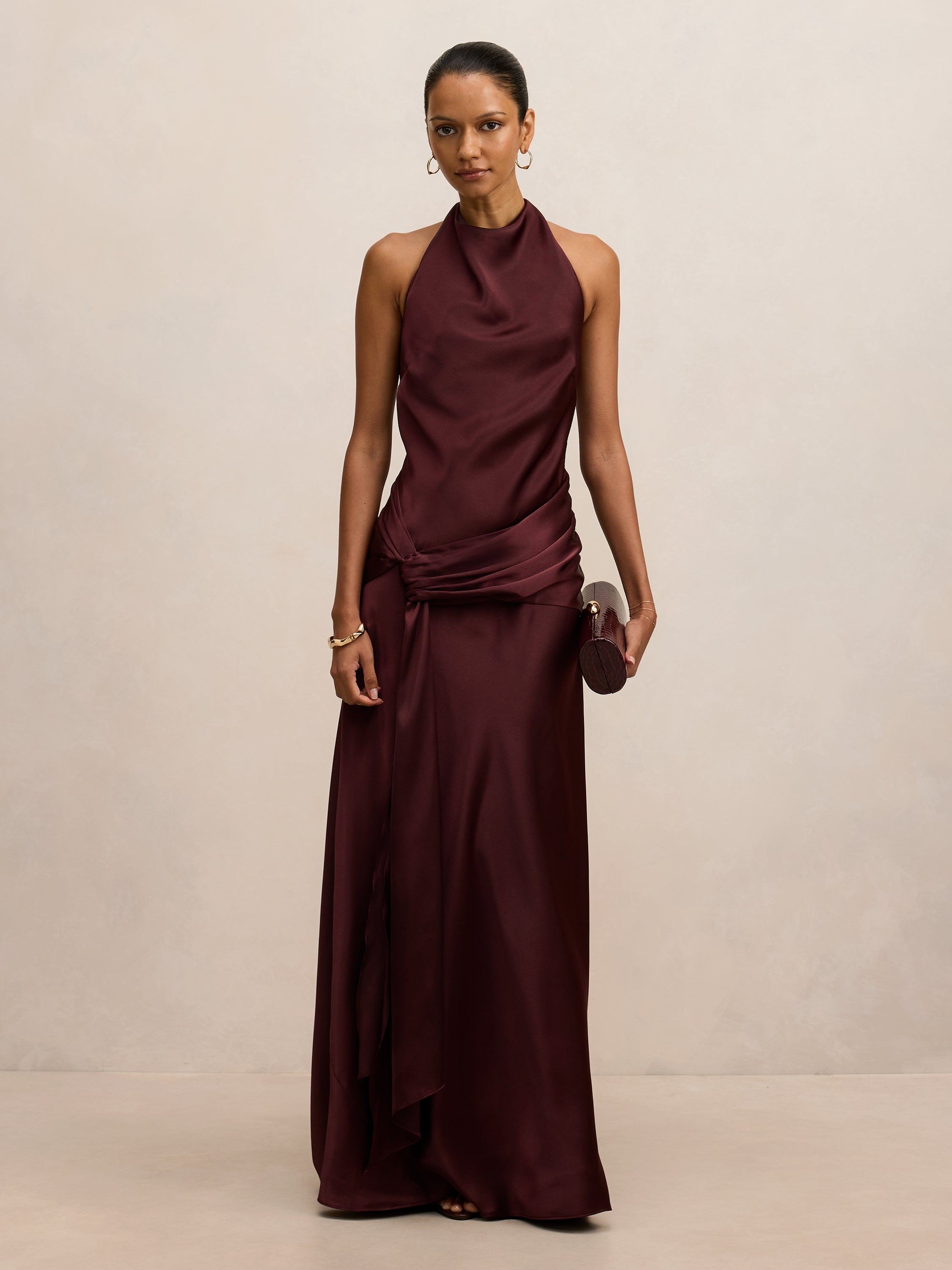 Abby Petite Halter Satin Maxi Dress