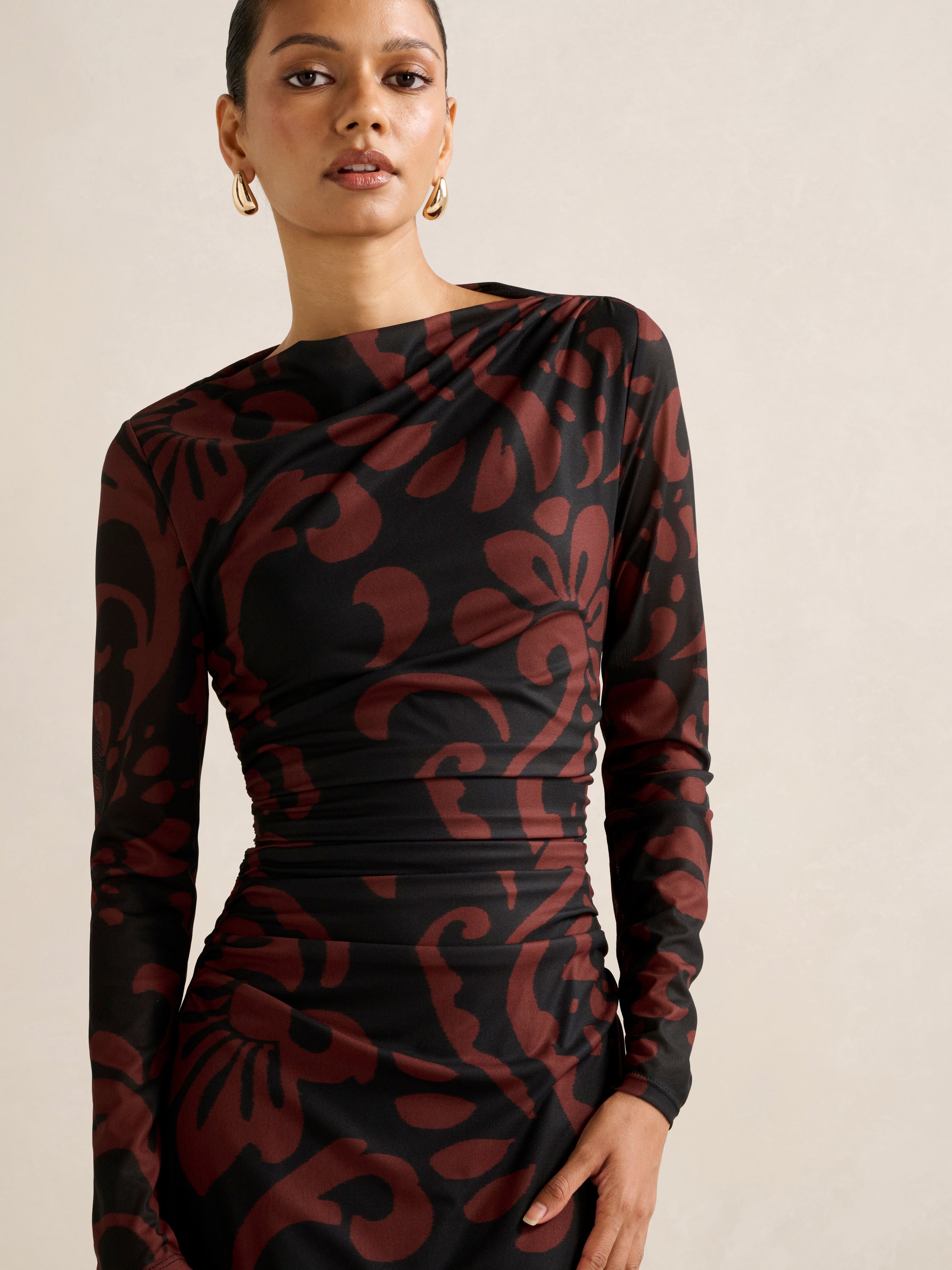 Joni Petite Long Sleeve Mesh Midi Dress