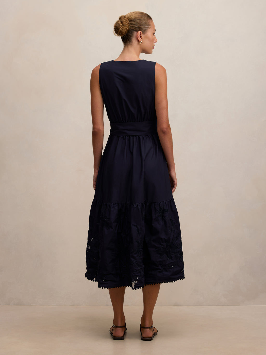 Evie Sleeveless Embroidered Tie Midi Dress