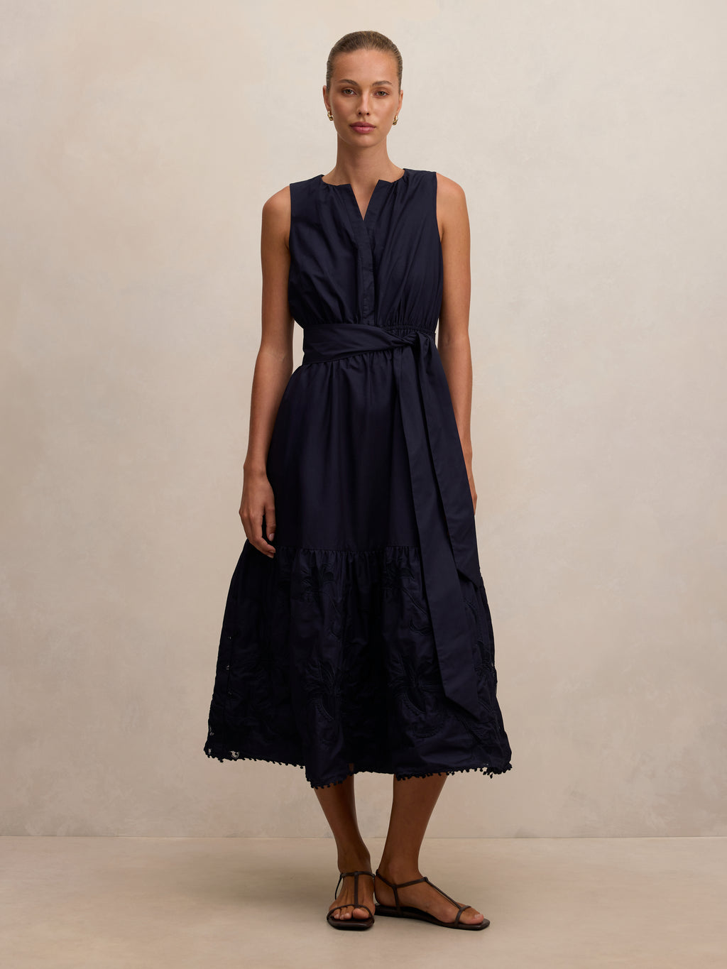 Evie Sleeveless Embroidered Tie Midi Dress