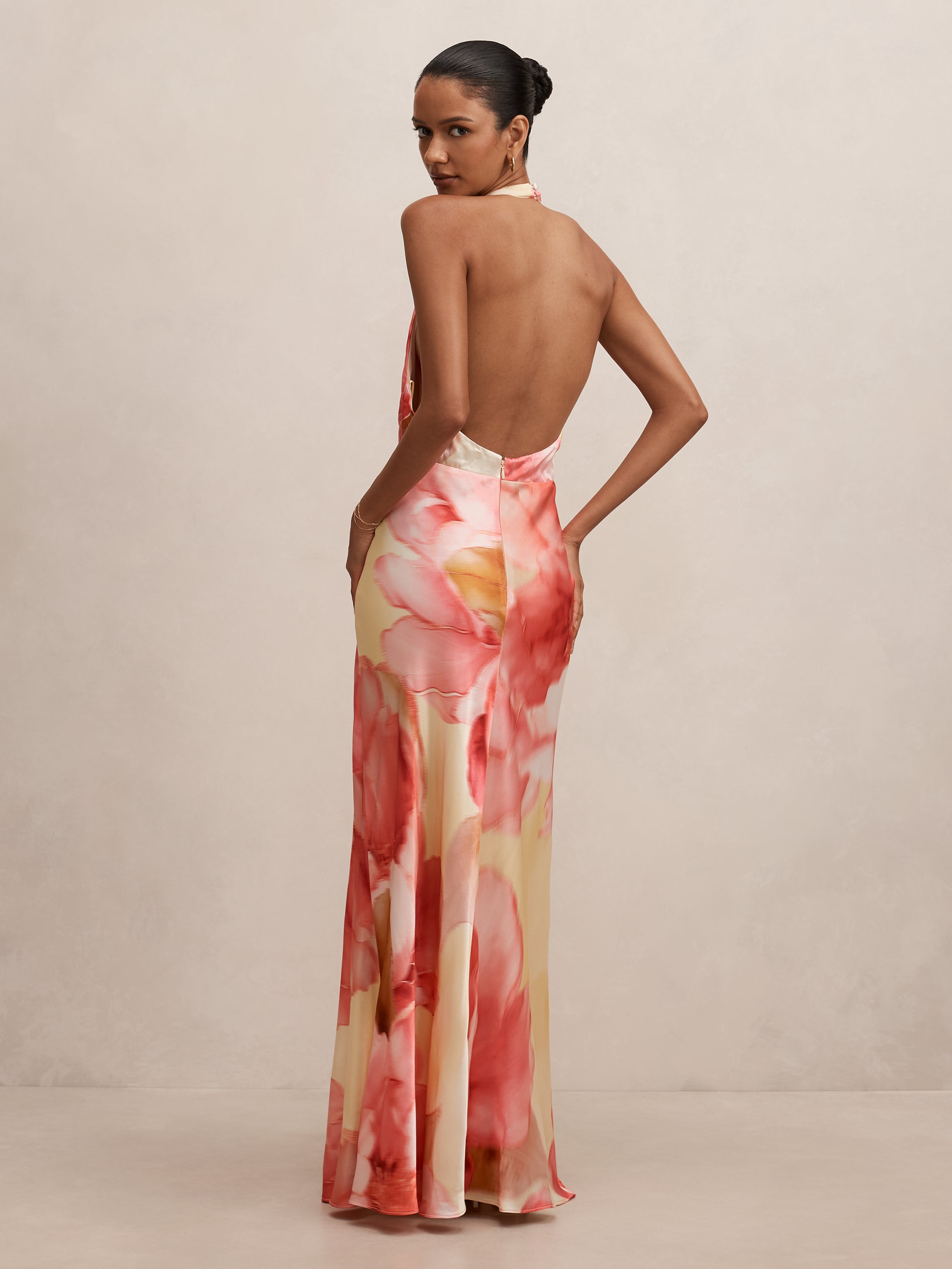 Becca Petite Cowl Halter Satin Gown