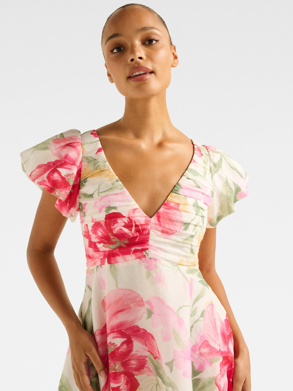  June Ruched V Neck Mini Dress