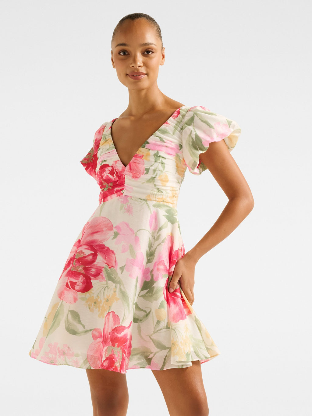  June Ruched V Neck Mini Dress
