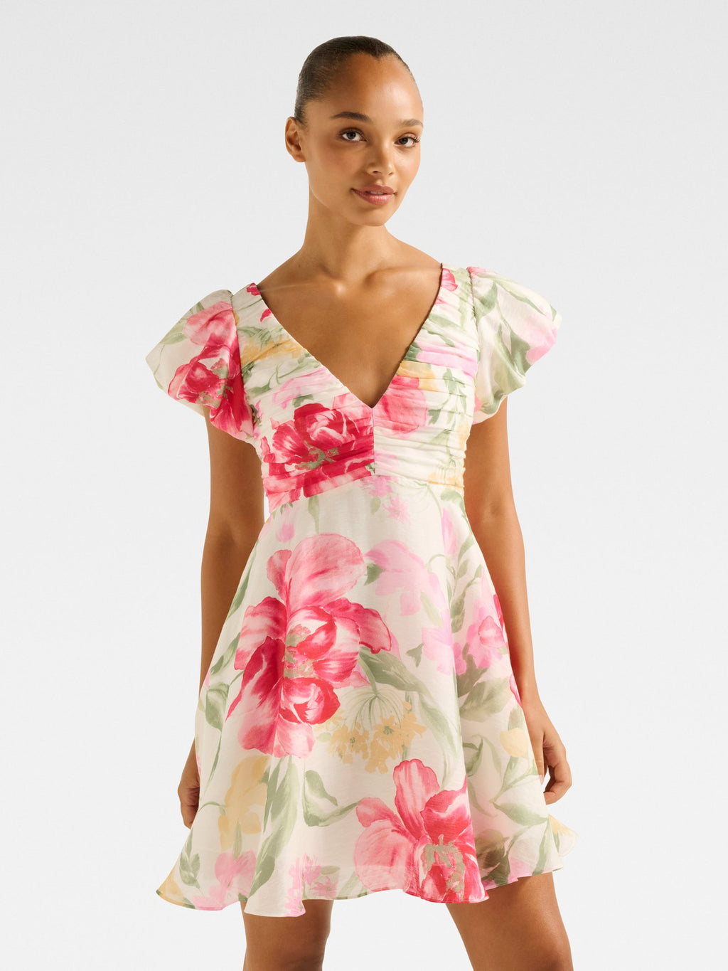  June Ruched V Neck Mini Dress