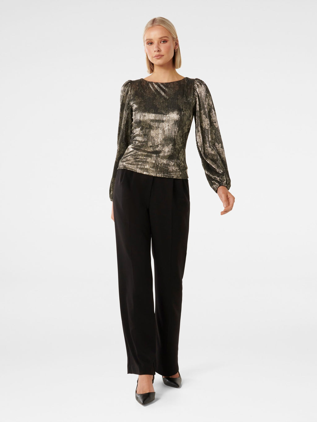 Gabriella Boat Neck Metallic Plisse Top