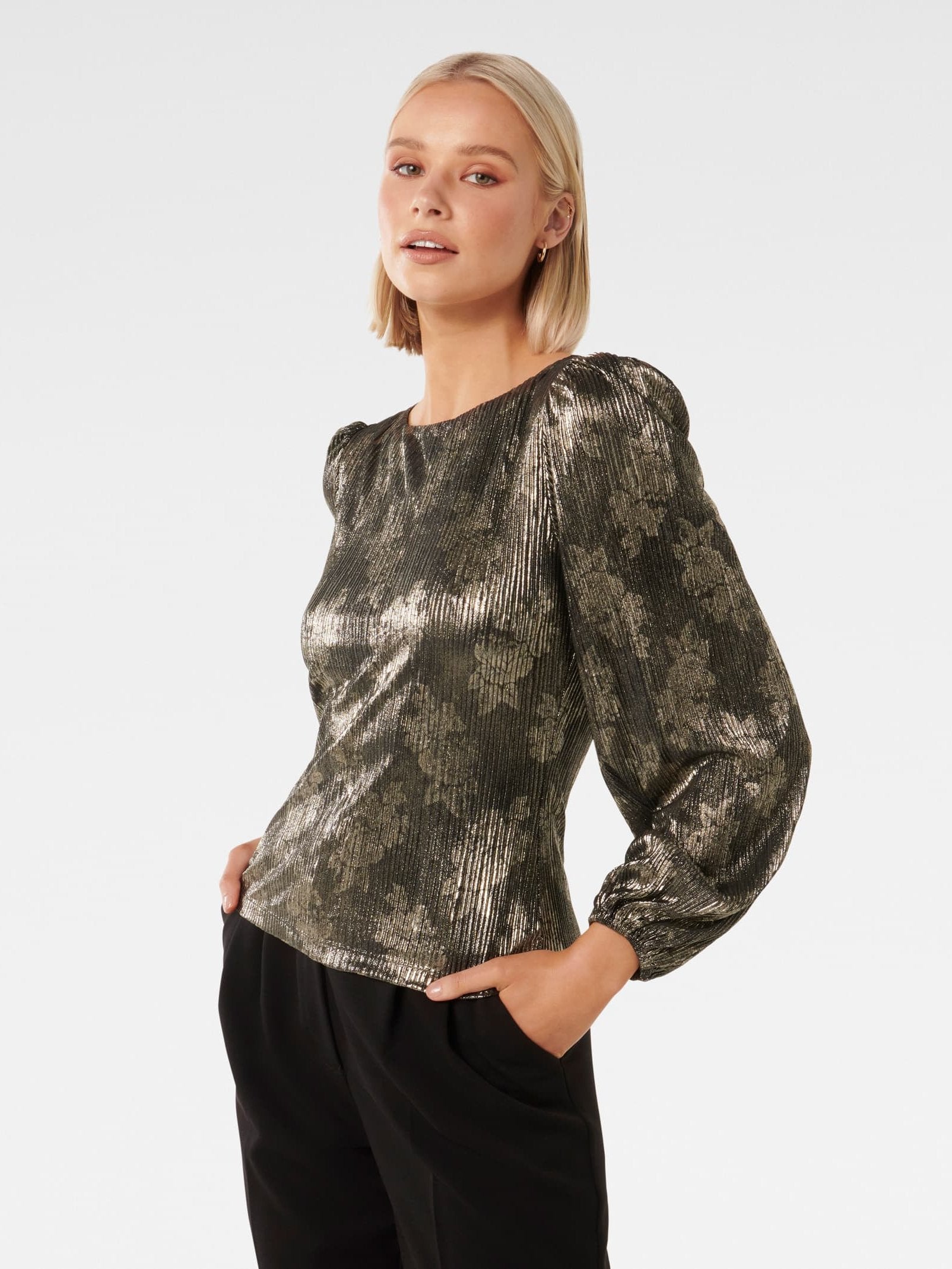 Gabriella Boat Neck Metallic Plisse Top