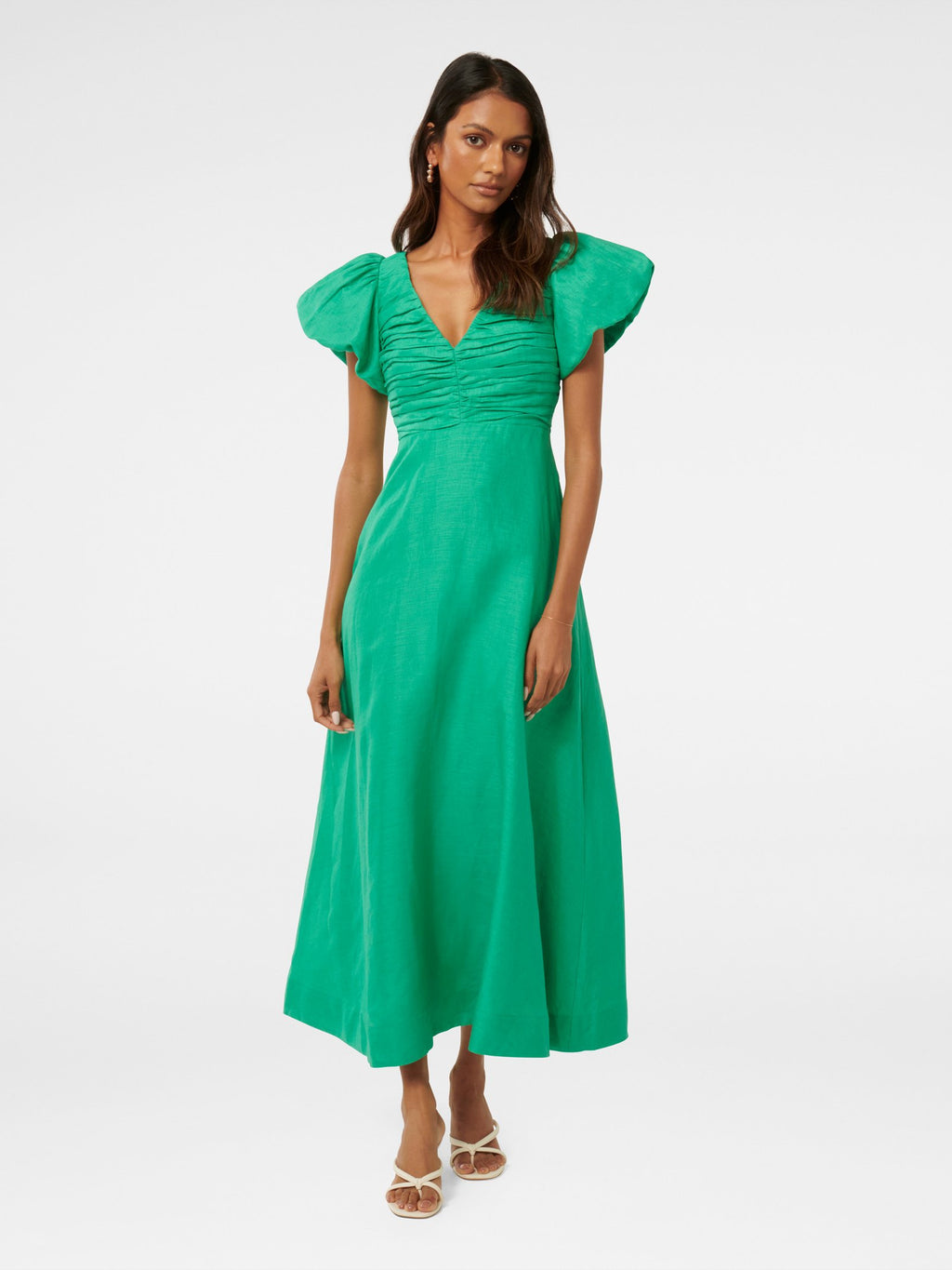 June Petite Ruched Linen Midi Dress