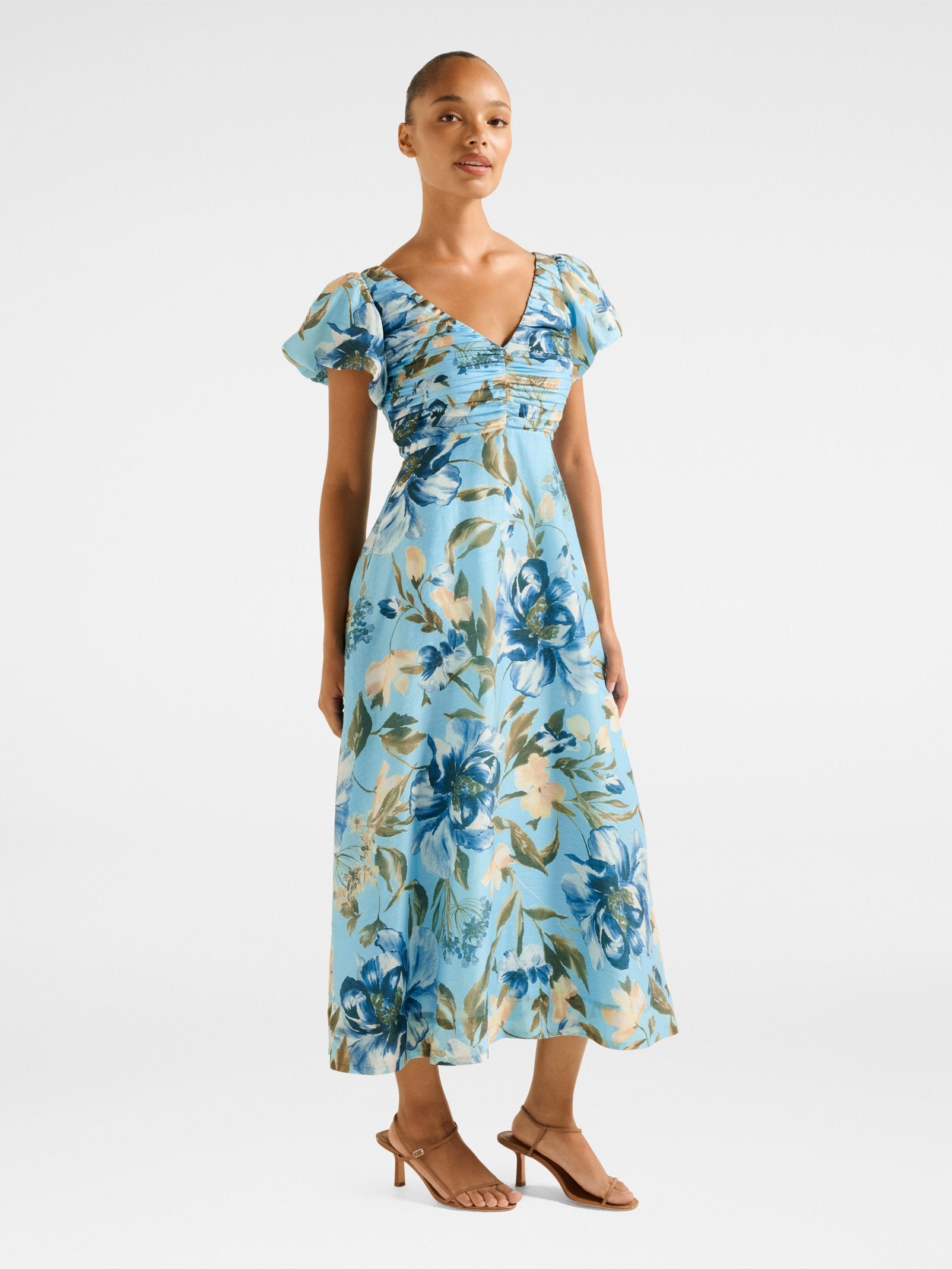  June Ruched V Neck Midi Dress