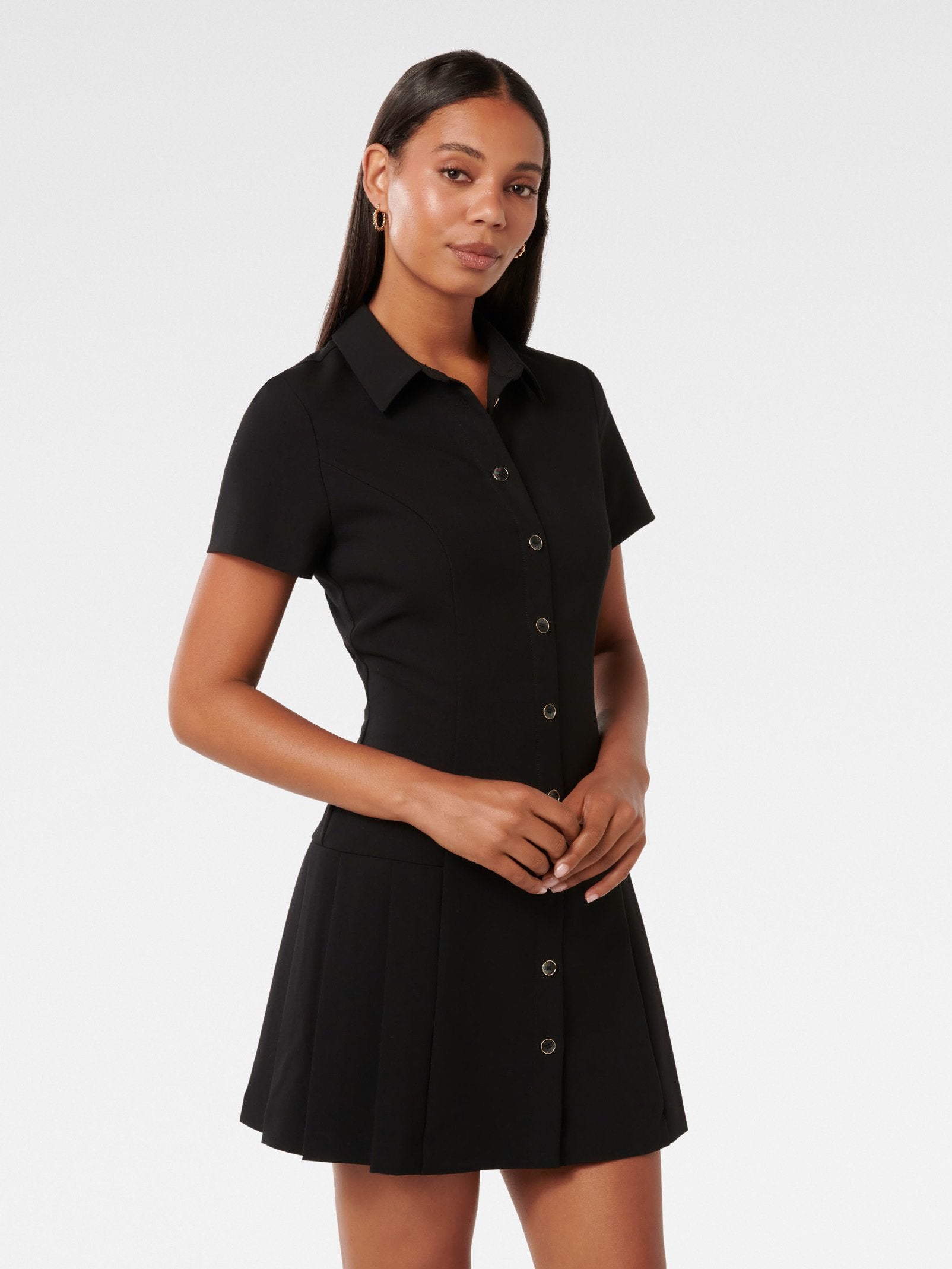 Winnie Pleated Button Down Mini Dress