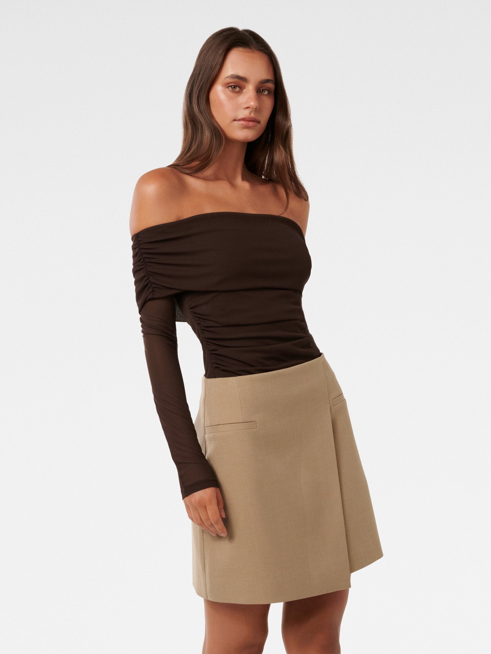  Kaia Ruched Mesh Bardot Top