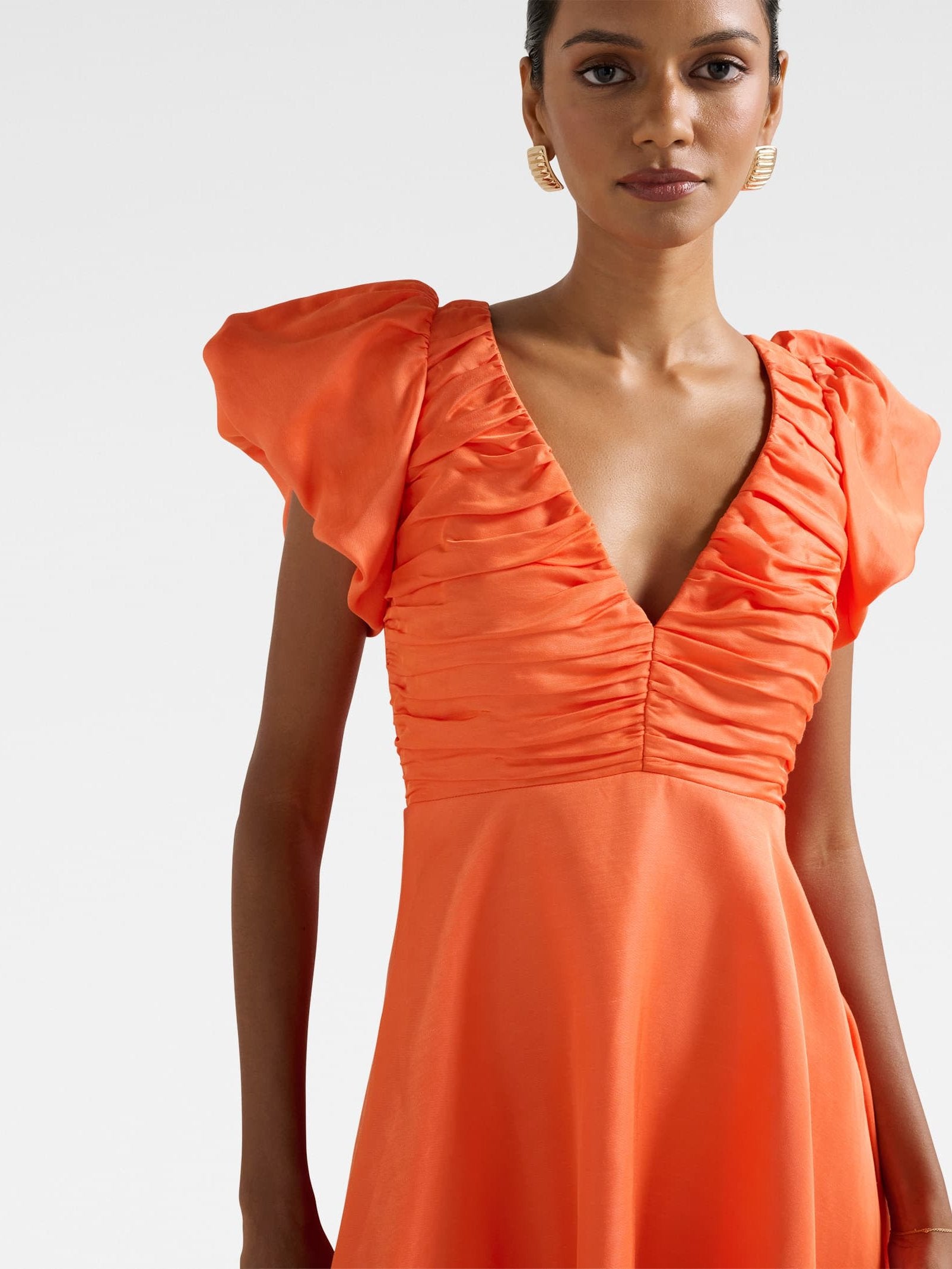  June Petite Ruched V Neck Mini Dress