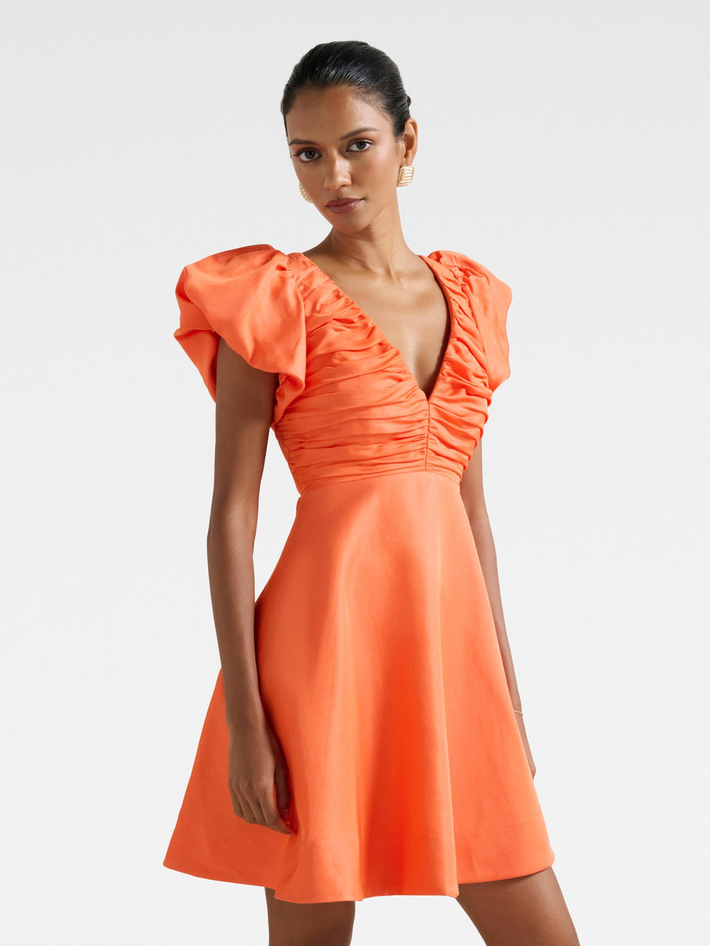  June Petite Ruched V Neck Mini Dress