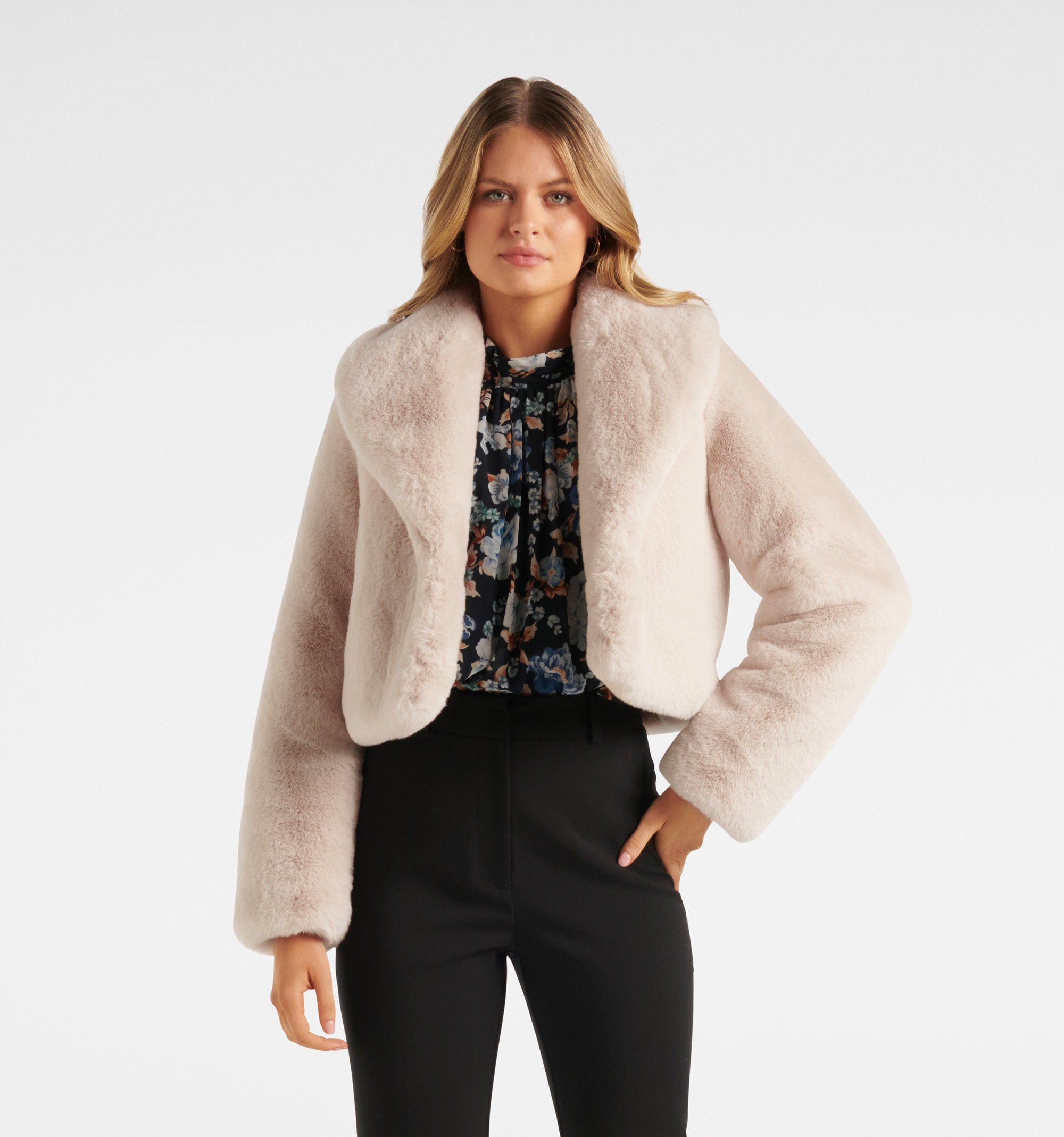 Faux-Fur 3/4 Sleeve Open Front Cropped Jacket | David's Bridal