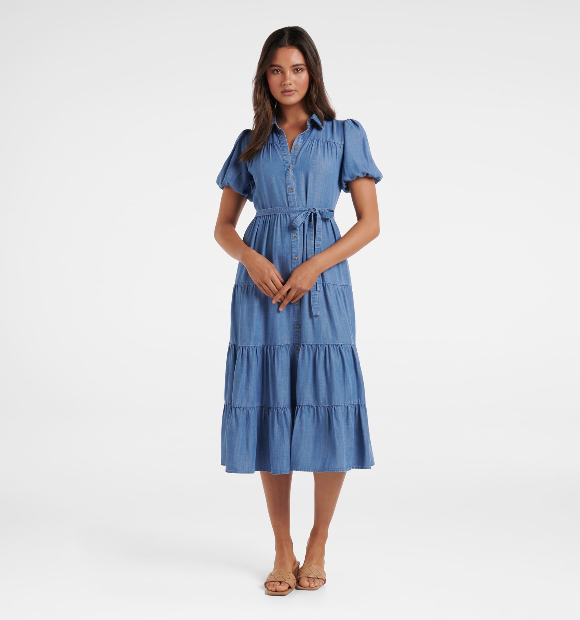 Buy Light Wash Lily Denim Tiered Midi Dress - Forever New