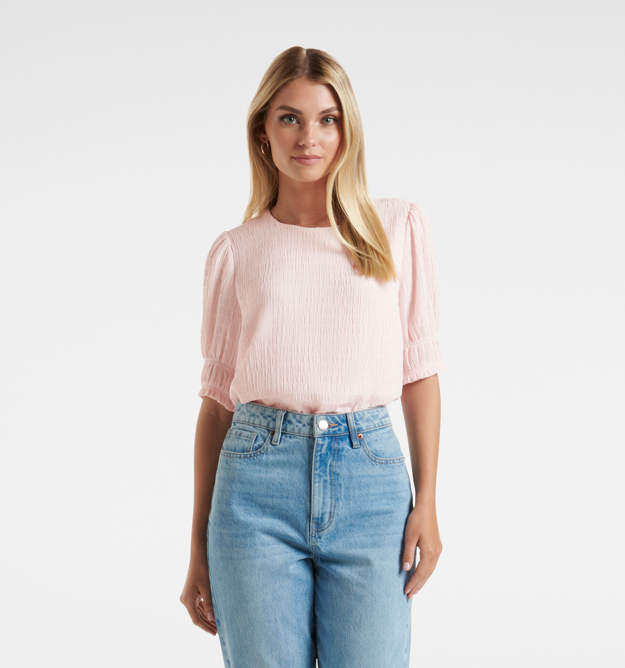 Buy Soft Pink Monti Textured Puff Sleeve Blouse Online - Forever New
