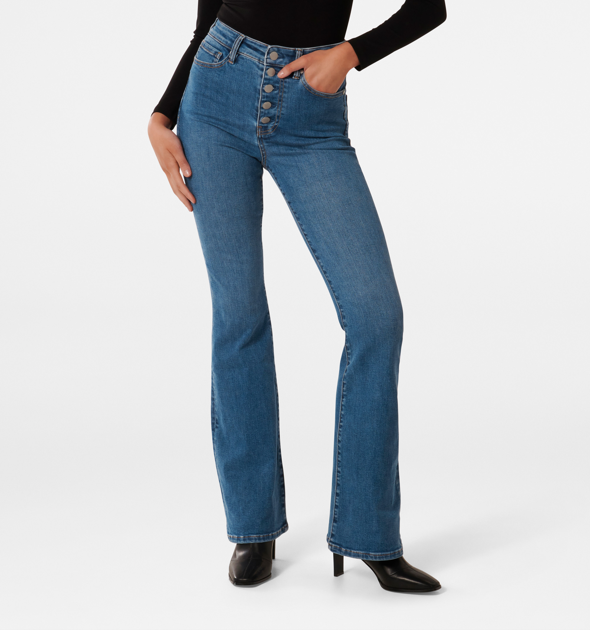 Buy Women Black Front Button Bell Bottom Jeans Online At Best Price 