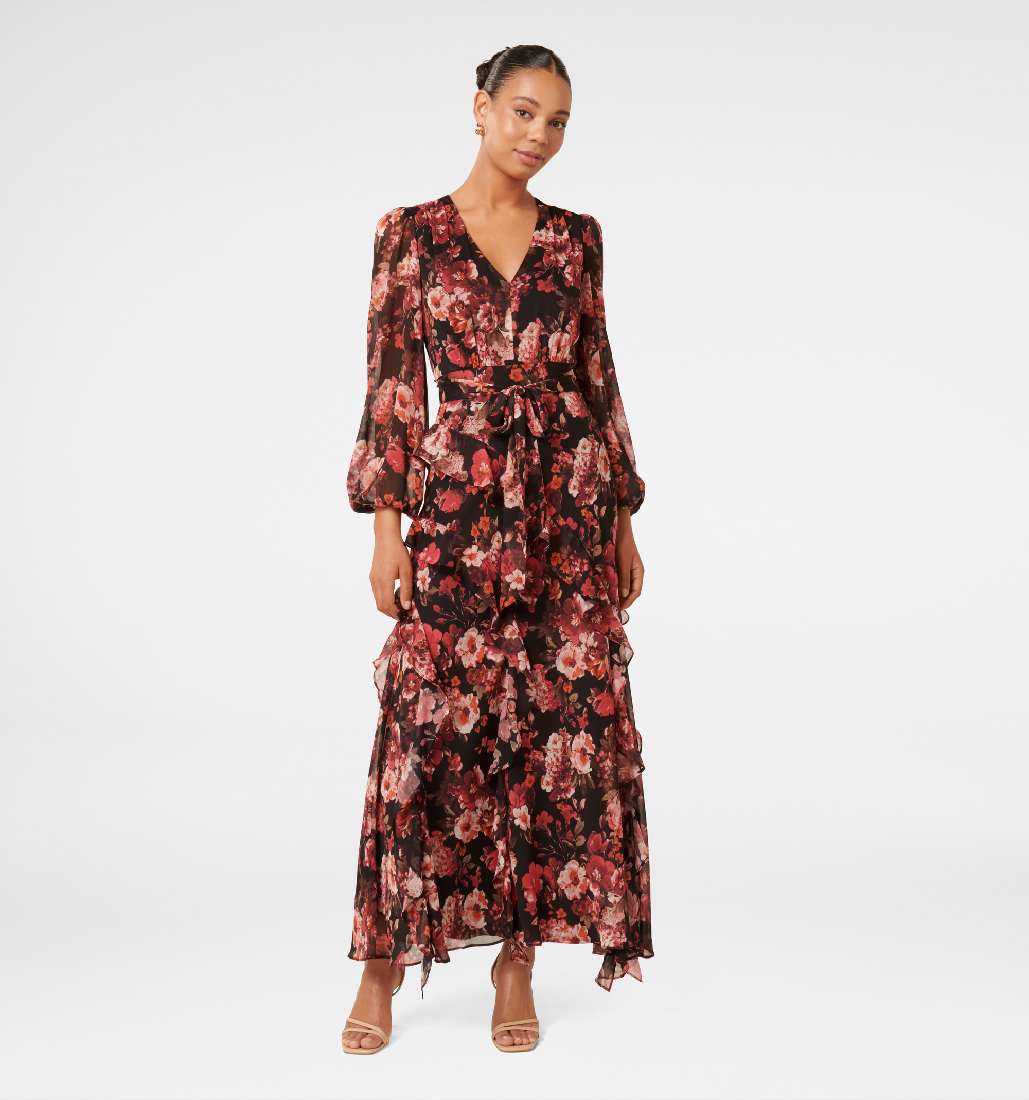 Bessie Long Sleeve Ruffle Printed Midi Dress